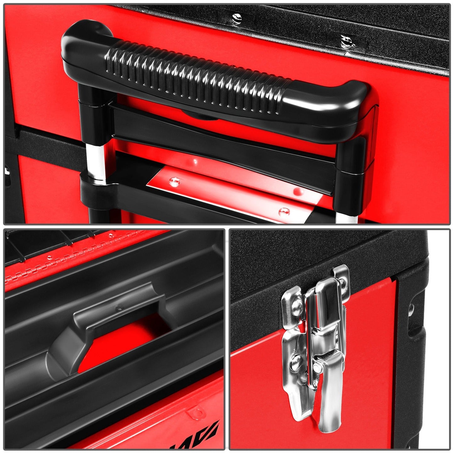 Rolling Tool Box 3-Tier Stackable Portable Toolbox with Wheels 19.5x12x28.5 Inch Steel PP 3-in-1 Detachable Compartments Metal Latches Extendable Handle for Home Workshop Garage Job Site