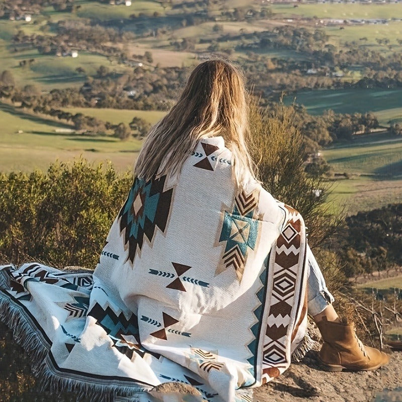Woven Picnic Blanket with Cream Geometric Bohemian Pattern and 35.43 x 70.86 or 51.18 x 70.86-Inch Sizes
