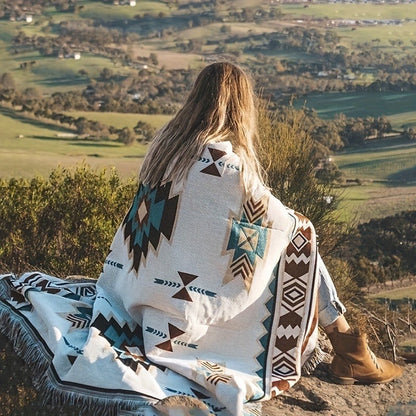 Woven Picnic Blanket with Cream Geometric Bohemian Pattern and 35.43 x 70.86 or 51.18 x 70.86-Inch Sizes