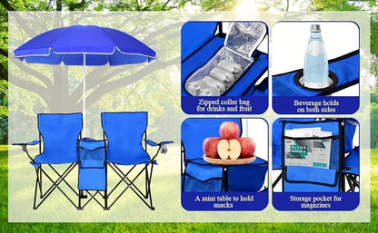 Folding Picnic Chair Set for 2 | Umbrella, Cooler Bag & Table, 600 Lbs Capacity, Portable