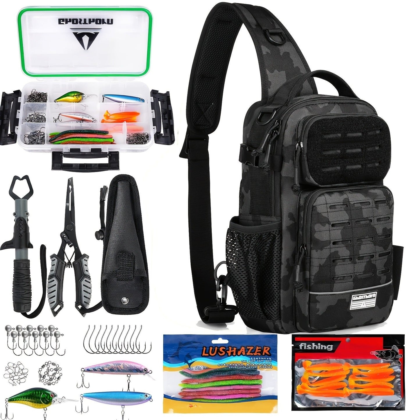 Camouflage Fishing Shoulder Bag with Six Checkout Options, Multi-Pocket Layout, Rod Holder and Bottle Pocket