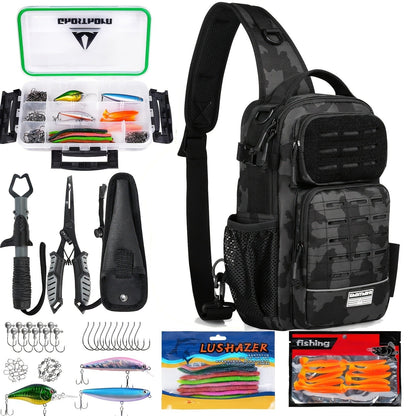 Camouflage Fishing Shoulder Bag with Six Checkout Options, Multi-Pocket Layout, Rod Holder and Bottle Pocket
