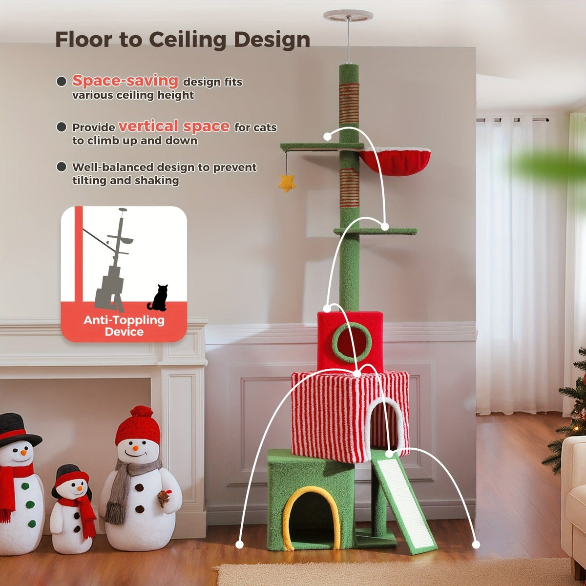 90-107.9-Inch Floor-to-Ceiling Cat Tree with Four Platforms, Tension Post and Five Style Options