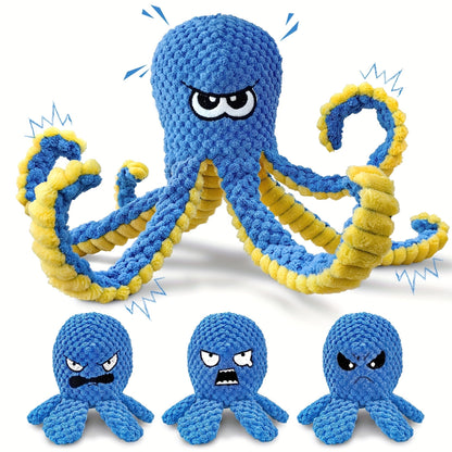 Dog Toy Octopus Plush with Built-In Squeaker and Crinkle Texture in Blue or Yellow with 1, 2 or 4-Pack Options