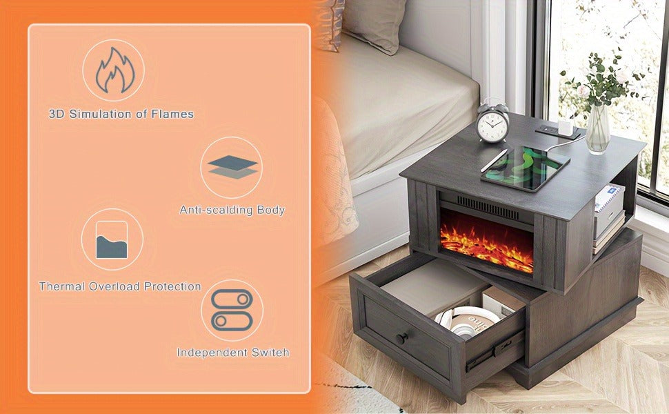 Electric Stove Heater End Table Rotatable Fireplace Side Table 1400W 4800 BTU Indoor Heater with Storage Cabinet Nightstand Overheat Protection