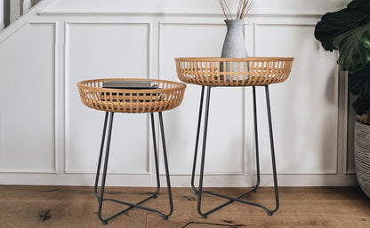 Rattan Side Table Nesting Tables Set of 2 Round Boho End Table Natural Bamboo Woven Coffee Table Metal Base for Living Room Bedroom Sofa Terrace