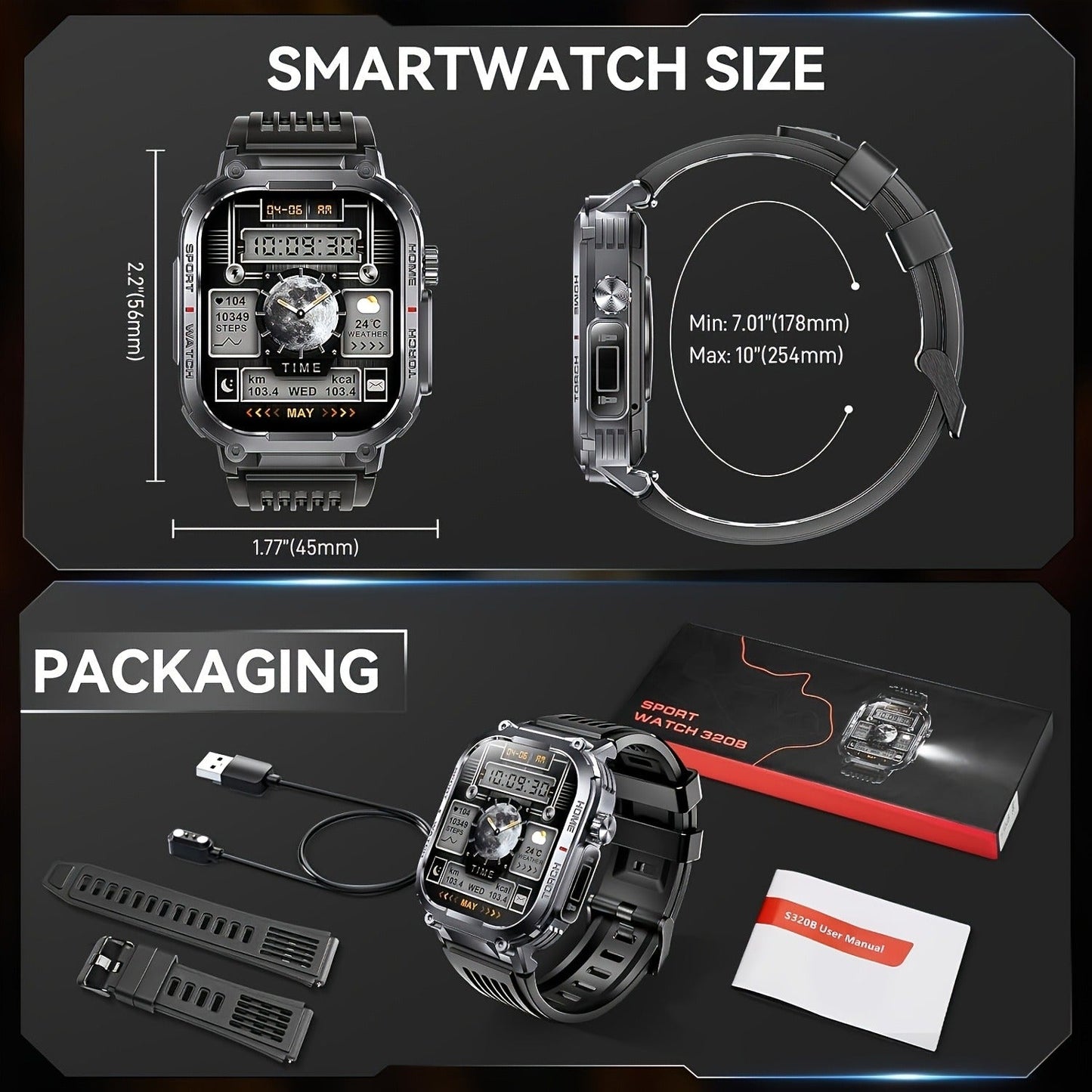 Smart Watch 2.02-Inch Rugged Display with Calling, LED Flashlight, 400mAh Battery and Black Band