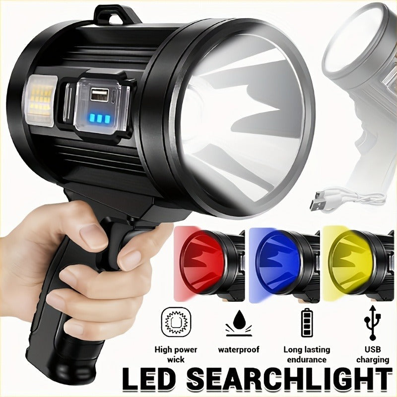 Flashlight IPX4 Solar and USB Rechargeable Searchlight with Six Modes and Three Color Filters