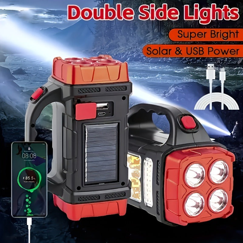 Flashlight Solar and USB-C Rechargeable 2-Pack with Four Front LEDs, Side COB Light and USB Output