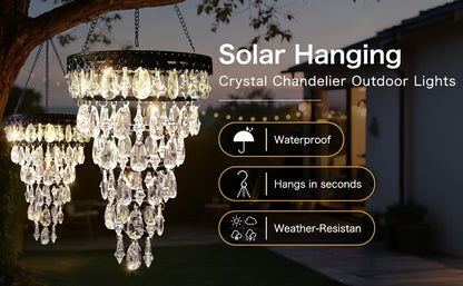 Solar Outdoor Lights 54-LED Hanging Crystal Chandelier in 6-Tier, Oval or Round Style for Gazebo Decor