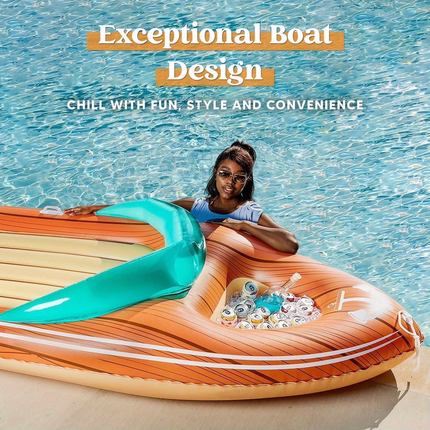 Giant Inflatable Boat Pool Float with Cooler | 8-Foot 2-Person Raft Lounge Float for Pool Beach Lake Summer Party