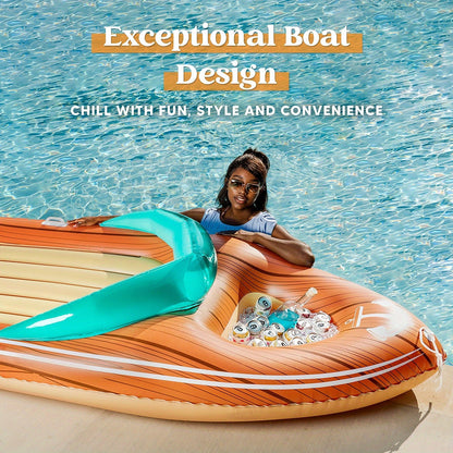 Giant Inflatable Boat Pool Float with Cooler | 8-Foot 2-Person Raft Lounge Float for Pool Beach Lake Summer Party