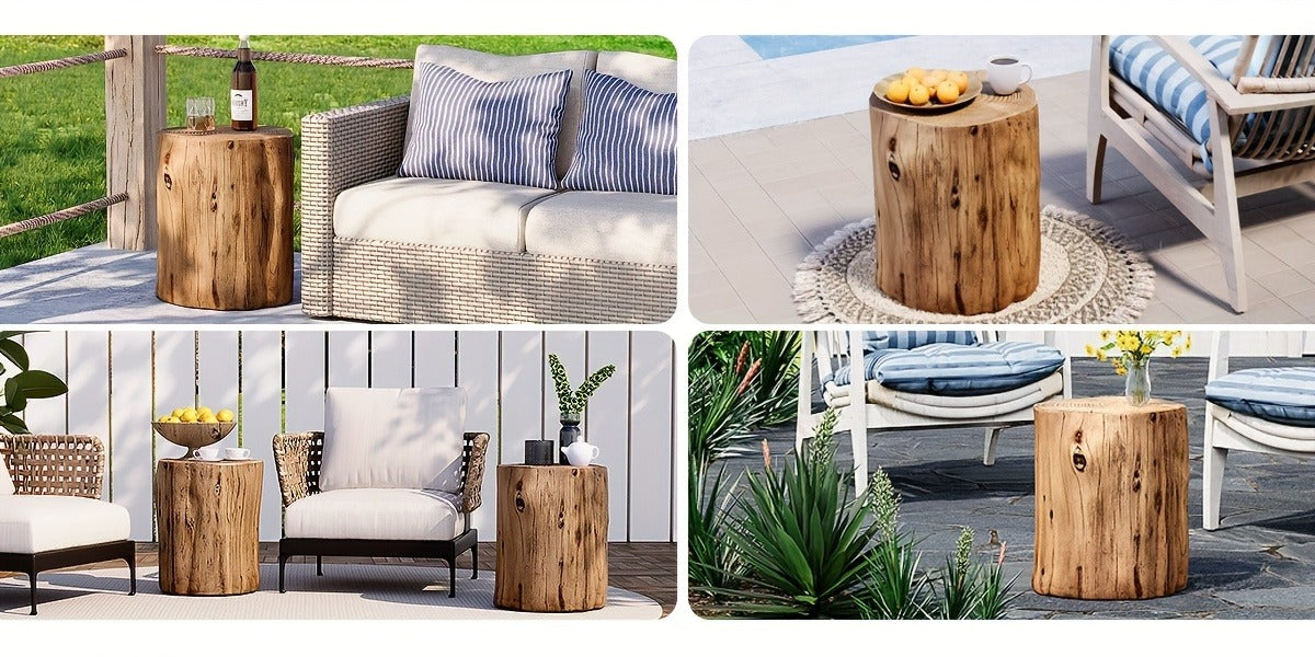 Outdoor Side Table Faux Wood Tree-Stump Design in Magnesia with 220-Pound Source Capacity and Brown Finish