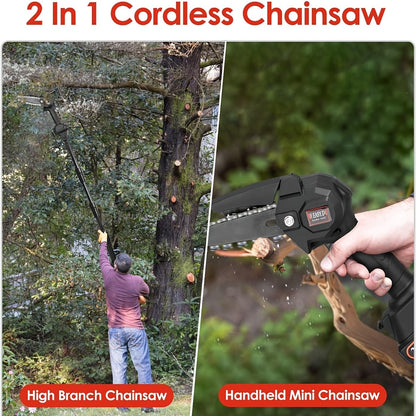 Cordless 4- and 6-Inch Pole Saw with Three Extension Sections, 90° Head, Two Batteries and Two Colors