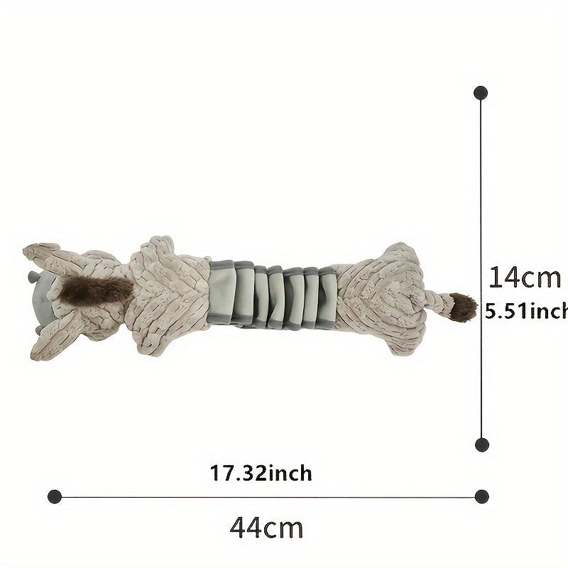 Dog Toy Stretch Donkey Plush Squeaker with Elastic Body, Textured Surface and Rope Ends in Gray White