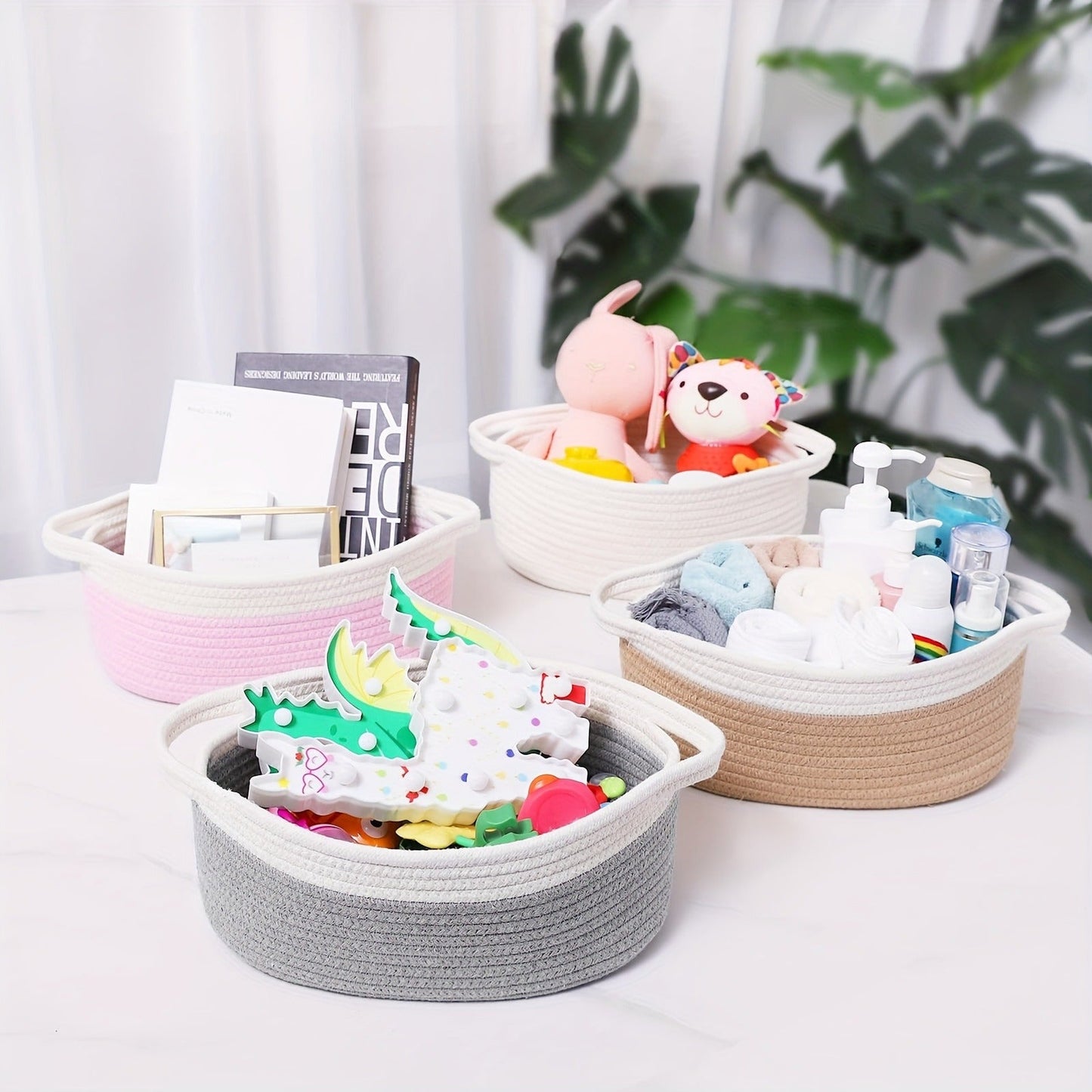 Woven Gift Basket with Handles Cotton Rope Storage Basket for Shelves Room Decor Cat Dog Toys Organizer Bin 2/4 Pack