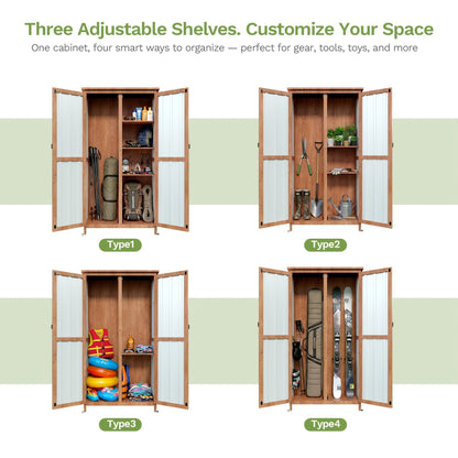 Metal Outdoor Storage Cabinets with Shelf-Equipped Tall or Low Models and 3 x 2 x 4.6 Ft Shed Option