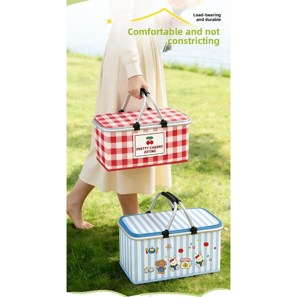 Aluminum-Frame Picnic Basket in Four Exact Fried-Egg, Kitten, Rabbit and Cherry Pattern Options