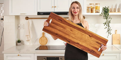 Extra-Long 36 x 11-Inch Wood-Color Charcuterie Board with Recessed Handles and Two Display Stands