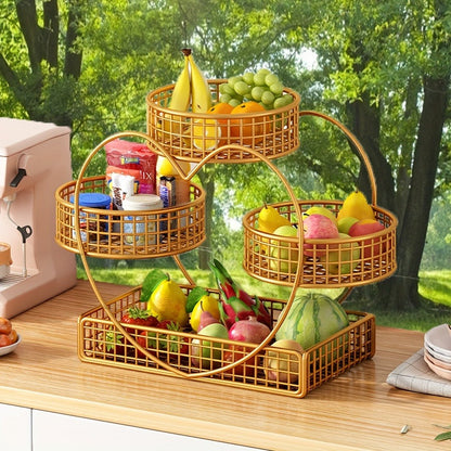 Wire Fruit Stand 3-Tier Golden Metal Basket | Large Capacity Kitchen Counter Organizer for Fruits Vegetables Bread Snacks Produce