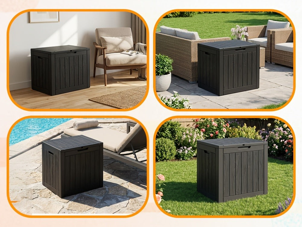 34-Gallon Outdoor Deck Box with Side Handles in 020 Woven or 053 Plank Panel Style, Black or Light Brown