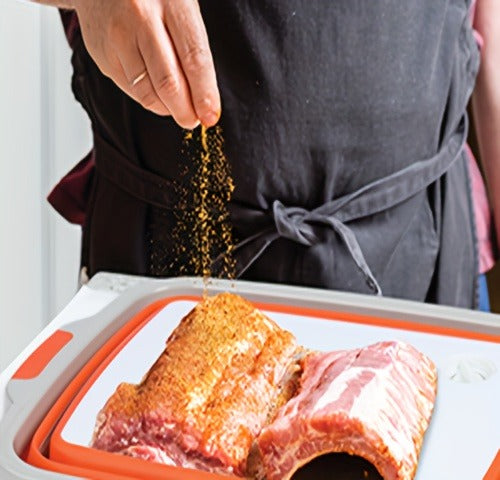 Collapsible Three-in-One BBQ Prep Tub with Cutting Board, Washing Basket, Drain Plug and Locking Lid in Black