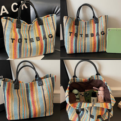 Striped Woven Tote Bag with Letter Detail, Open Top and Black, Green or Brown Handle Options