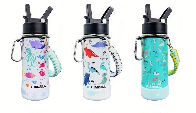 FIANSILL 16oz Stainless Steel Water Bottle with Flip-Up Straw Lid, Wrist Strap, Carabiner and Eight Prints