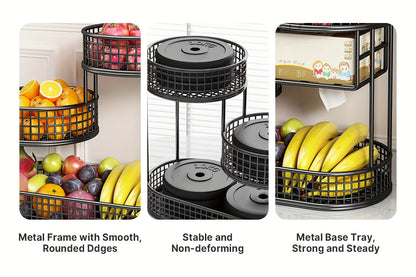 Three-Tier Black Wire Fruit Basket with Staggered Round Bowls and Rectangular Countertop Base