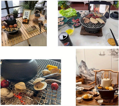 Cast Iron Charcoal Grill Round Portable, Mini BBQ Grill with Wooden Board & Stainless Steel Mesh Tray, Compact Tabletop Charcoal Grill for Outdoor Camping, Pizza, Tea Cooking & Family BBQ