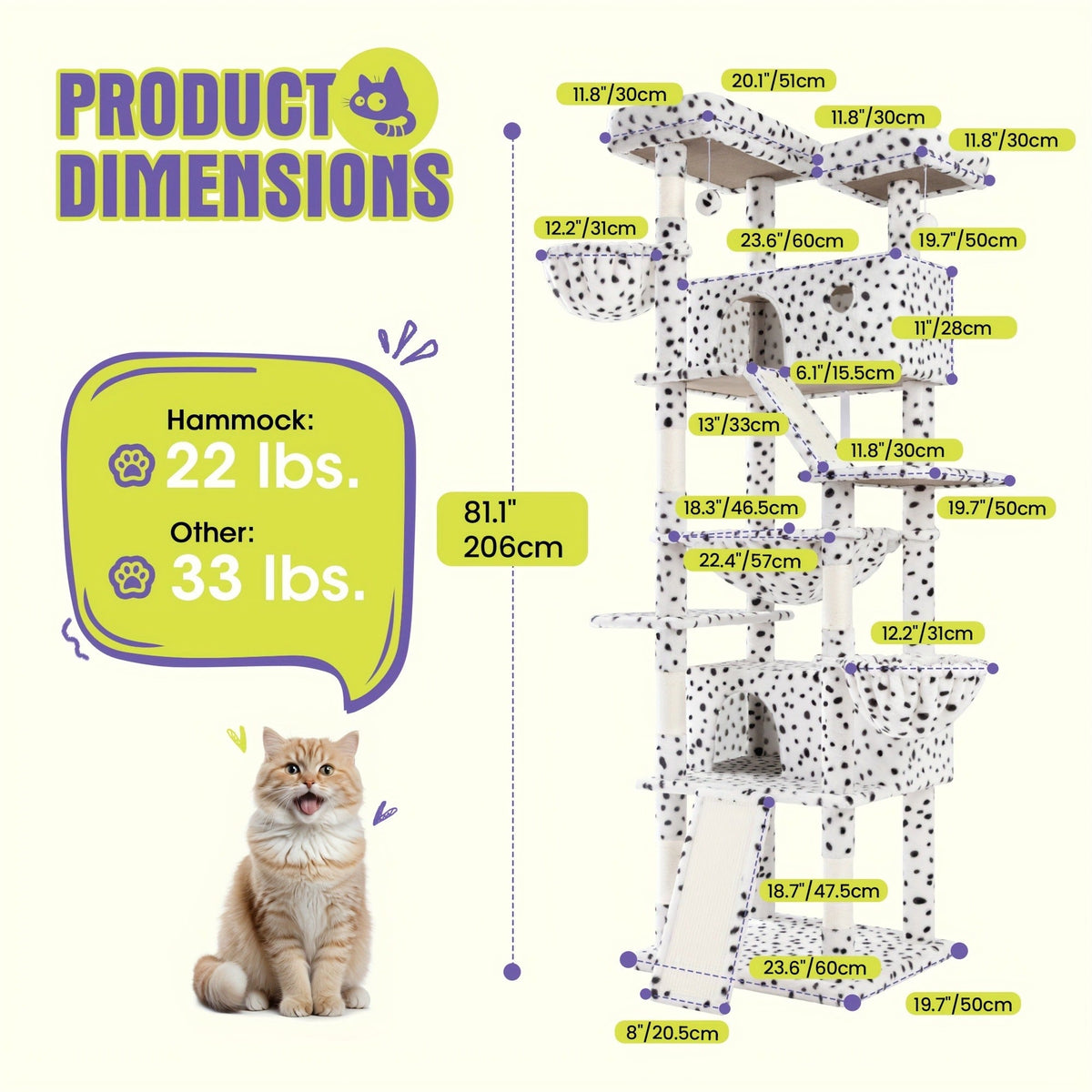 Multi-Level Cat Tree in 36-, 65-, 68- or 81-Inch Heights with Perches, Condo, Hammock and 30 Color, Pattern or Layout Options