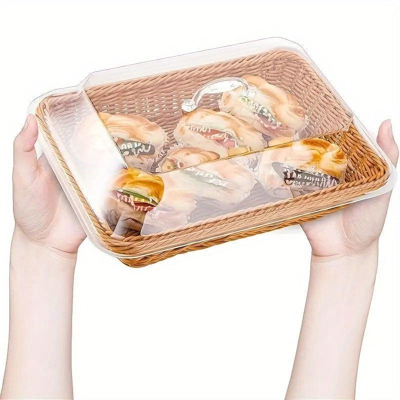 Wicker Bread and Fruit Storage Basket with Clear Acrylic Lid in Square or Round Checkout Shapes