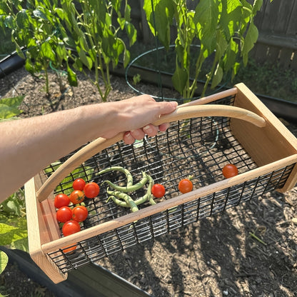 Garden Harvest Basket with Metal Mesh Body, Wooden Ends, Carry Handle and Small or Large Black Options