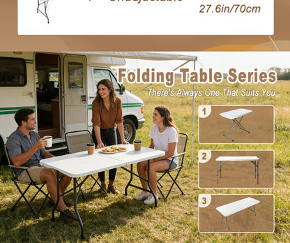 Folding Table 4ft and 6ft White Plastic Top with Black Metal Legs, Carry Handle and Adjustable Height