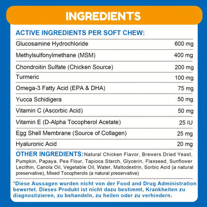 Dog Glucosamine Joint Supplement Chews 120ct | Chicken Flavor Soft Chews with Glucosamine, Chondroitin, MSM & Vitamins for Hip & Joint Health, Mobility Support for Dogs of All Sizes & Ages