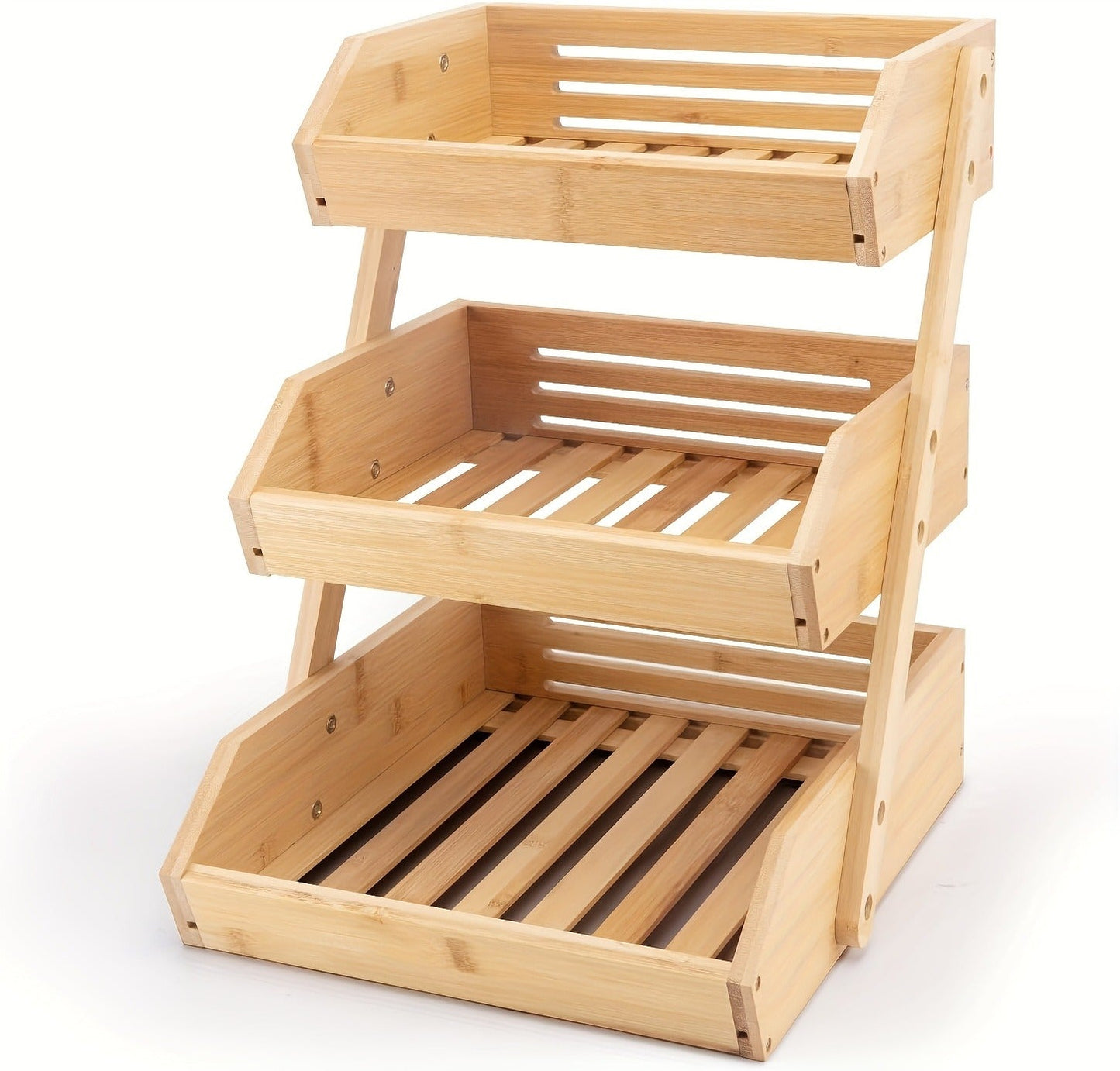 Slatted Countertop Produce Organizer in Two- or Three-Tier Checkout Options with Angled Open-Front Trays