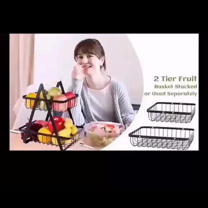 Tiered Fruit Basket with Removable Wooden Handles – 2 or 3 Tier Metal Kitchen Counter Organizer for Produce, Bread & Snacks