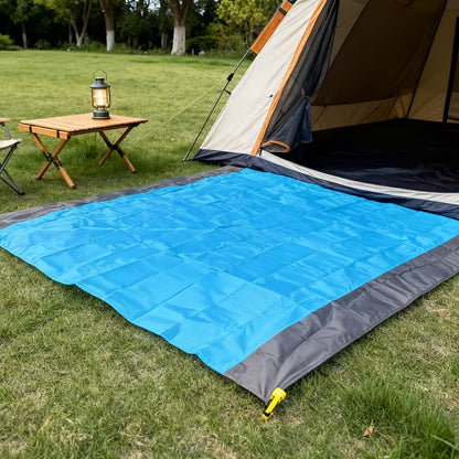 210 x 200cm Picnic Mat with Blue Center Panel, Grey Border, Drawstring Carry Pouch and Ground Stakes
