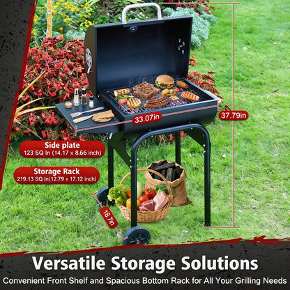 Charcoal Grill with Offset Smoker, Barrel BBQ Smoker Grill Combo for Backyard & Patio, Heavy-Duty Outdoor Charcoal Smoker with Side Firebox for Smoking, Grilling & BBQ Parties