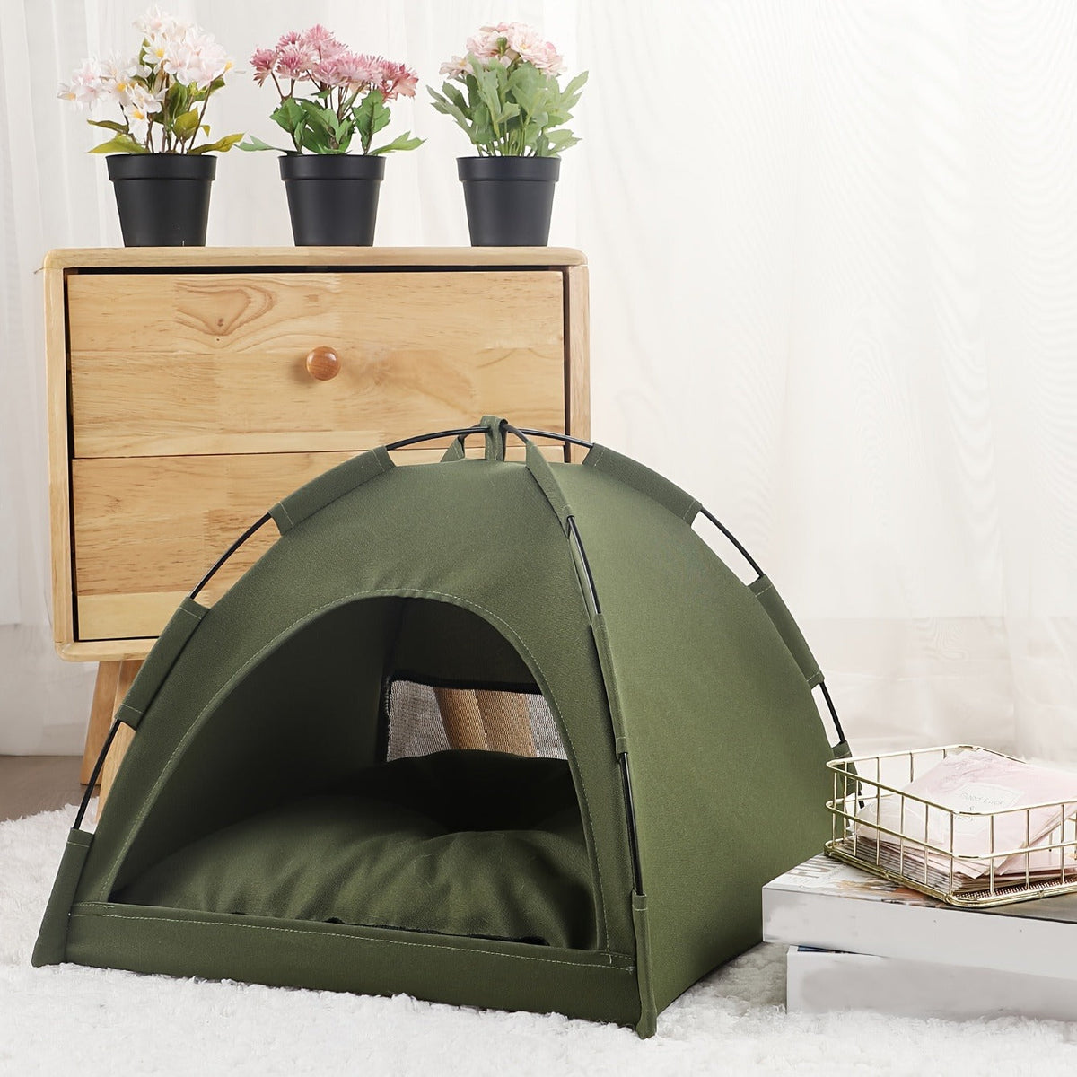 Fern-Green Dome Pet Tent with Folding Fabric Shell, Interior Mat and Three Square Size Options