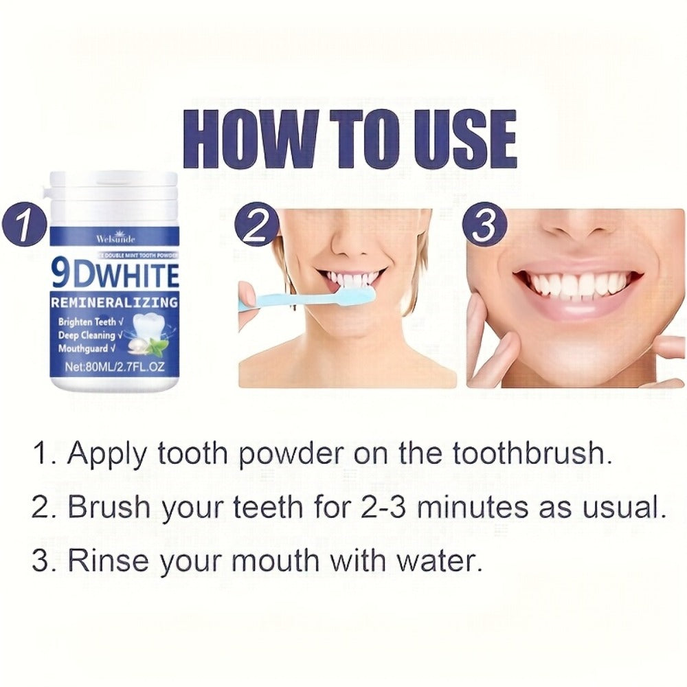 Teeth Whitening Tooth Powder 3-Pack – 9D White Deep Cleaning Dental Powder with Fresh Mint Flavor, 80ml Each, Removes Stains, Freshens Breath, Travel-Friendly Daily Dentifrice for Women and Men