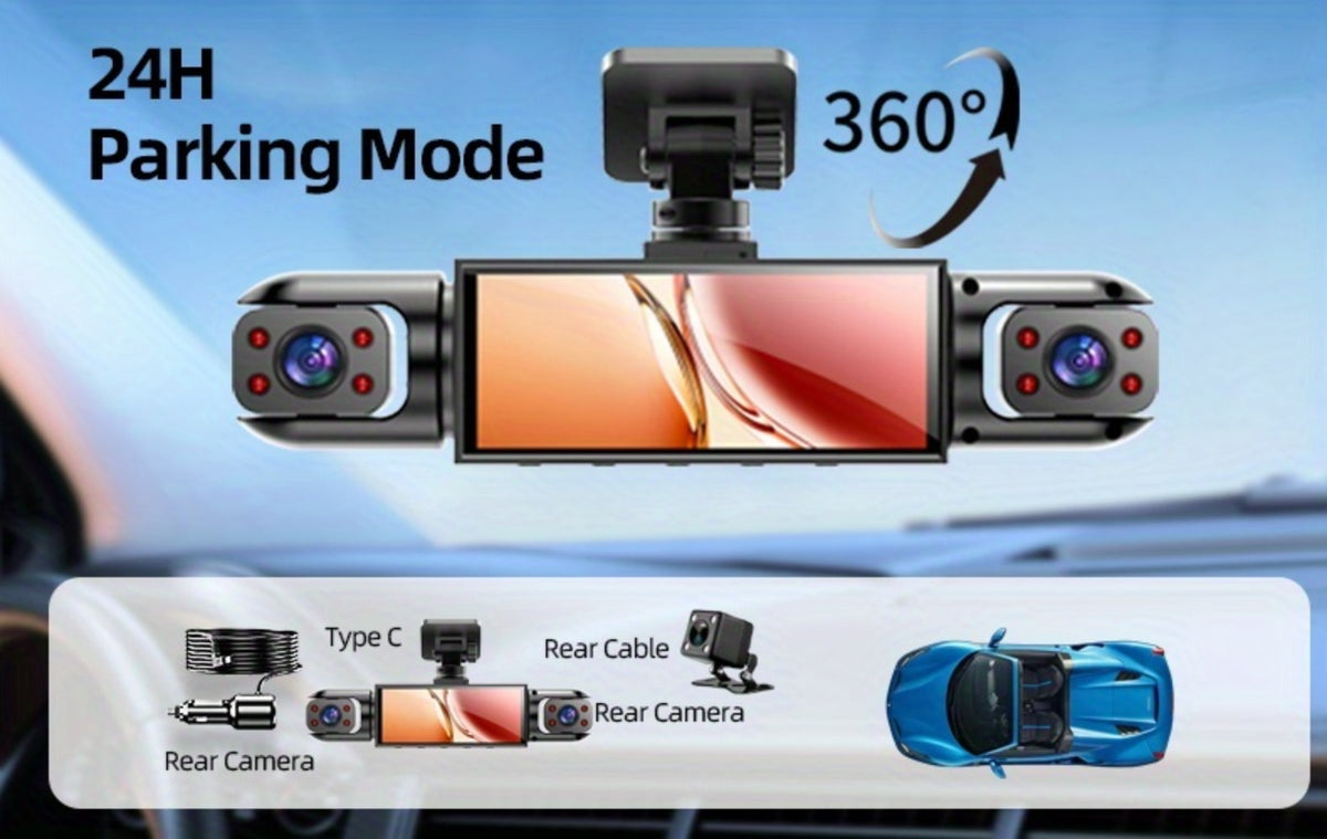 360° Panoramic Dash Cam 3 & 4 Lens 1080P HD Front + 720P Rear Left Right, Quad-Split Screen, HD Night Vision WDR G-Sensor Loop Recording, Full Coverage Car Camera, 32GB/64GB SD Card Options
