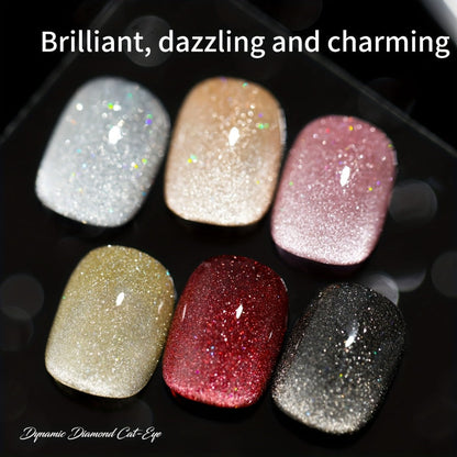 Cat Eye Magnetic Gel Nail Polish Set 6 Colors - Sparkling Stars Dynamic Rhinestone UV LED Soak Off Long Lasting Photo Frame Bottle Nail Art Kit for Women Home Salon