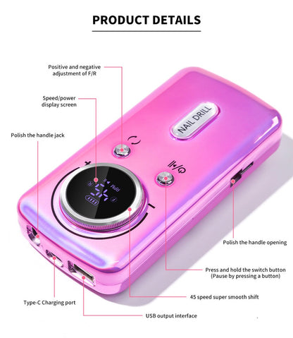 Cordless Nail Drill 45000 RPM Low Noise Rechargeable Electric Nail File Kit Portable Lightweight for Acrylic Gel Nails Manicure Pedicure Salon Home Use White Pink Purple