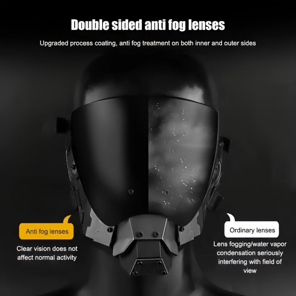Black Reflective Cyberpunk Costume Mask with Full-Face Visor and Detachable Mechanical Lower Panel