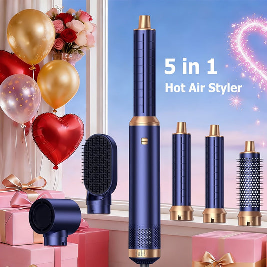 5-in-1 Hot Air Brush Hair Styling Tool with Three Temperature Settings and Five Attachments