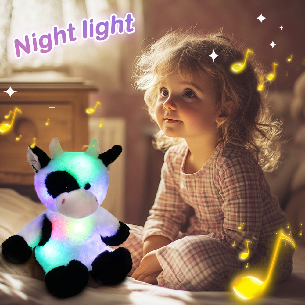Glowing Highland Cow Plush Toy with Music No Battery Needed — Rhythmic Breathing Light Soft Stuffed Animal Calming Night Light for Baby Toddler Kids, Baby Shower Birthday Christmas Gift
