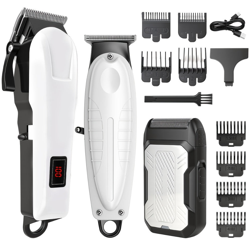 Hair Clippers & Trimmers White Grooming Set with LCD Screens, USB-C Charging and One, Two or Three Pieces