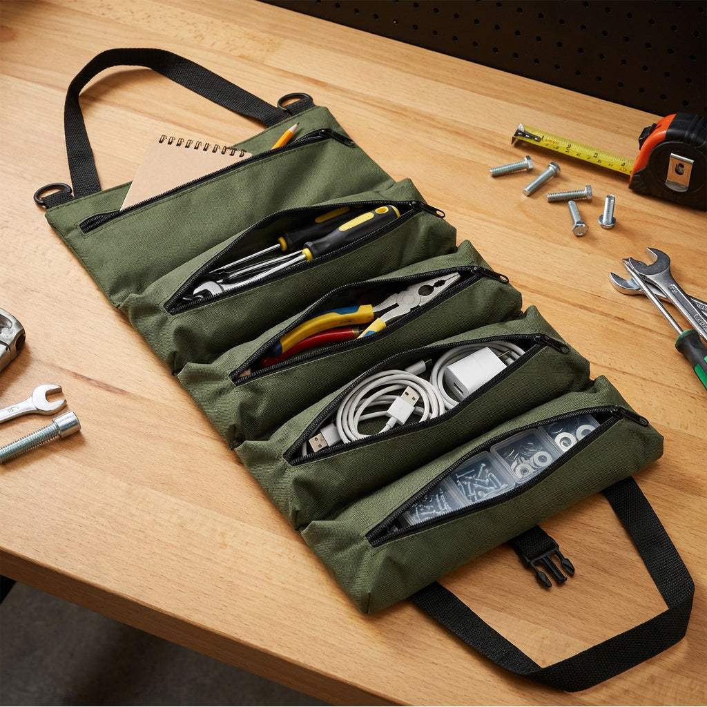 Collapsible Tool Roll Organizer Bag in Green or Black with Multiple Pockets and Carry Handles