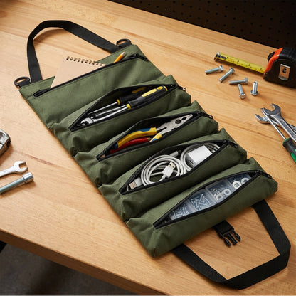 Collapsible Tool Roll Organizer Bag in Green or Black with Multiple Pockets and Carry Handles